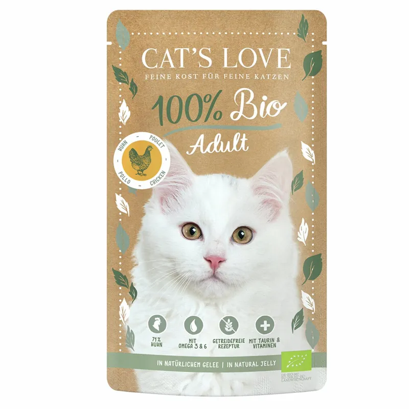 Sparpaket 24 x 100 g Cat's Love 100 % Bio Adult Huhn Katzen Nassfutter Top-Preis